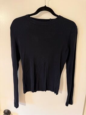 Theory Navy Ribbed Long Sleeve Crewneck Top